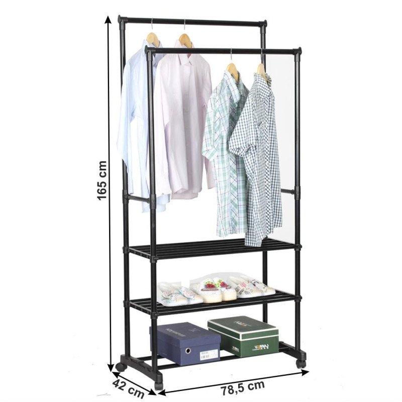 Kondela Dvojradový vešiak s policami, čierna, TIRUS Kondela Dvojradový vešiak s policami, čierna, TIRUS