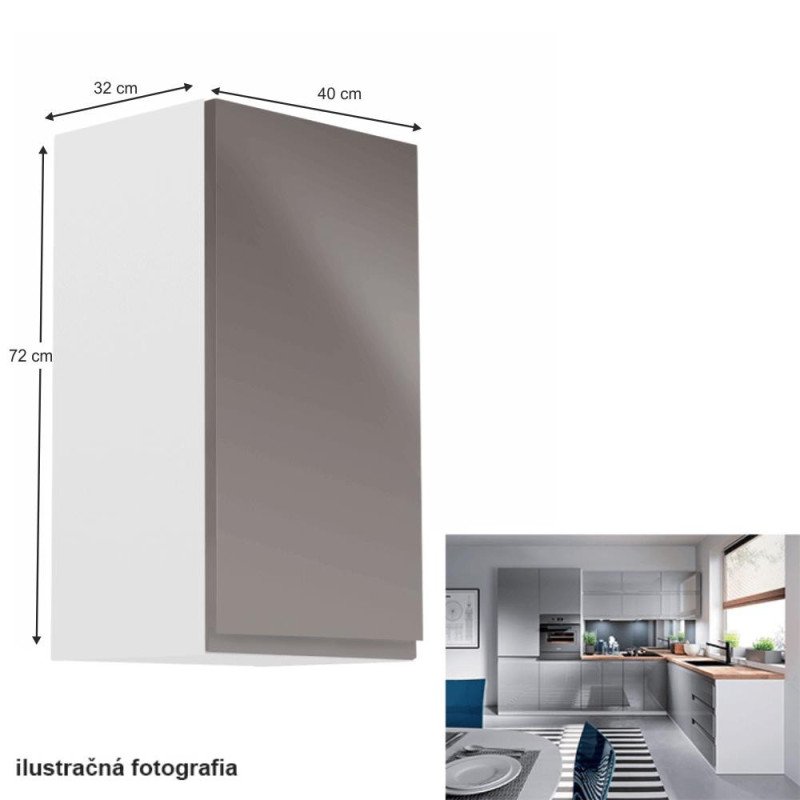 Kondela Horná skrinka, biela/sivý extra vysoký lesk, pravá, AURORA G40