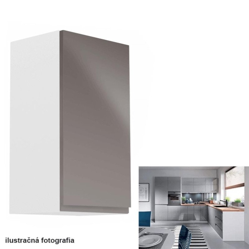 Kondela Horná skrinka, biela/sivý extra vysoký lesk, pravá, AURORA G40