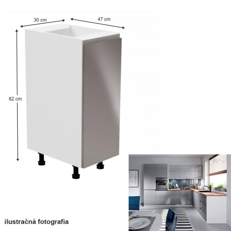 Kondela Spodná skrinka, biela/sivá extra vysoký lesk, pravá, AURORA D30