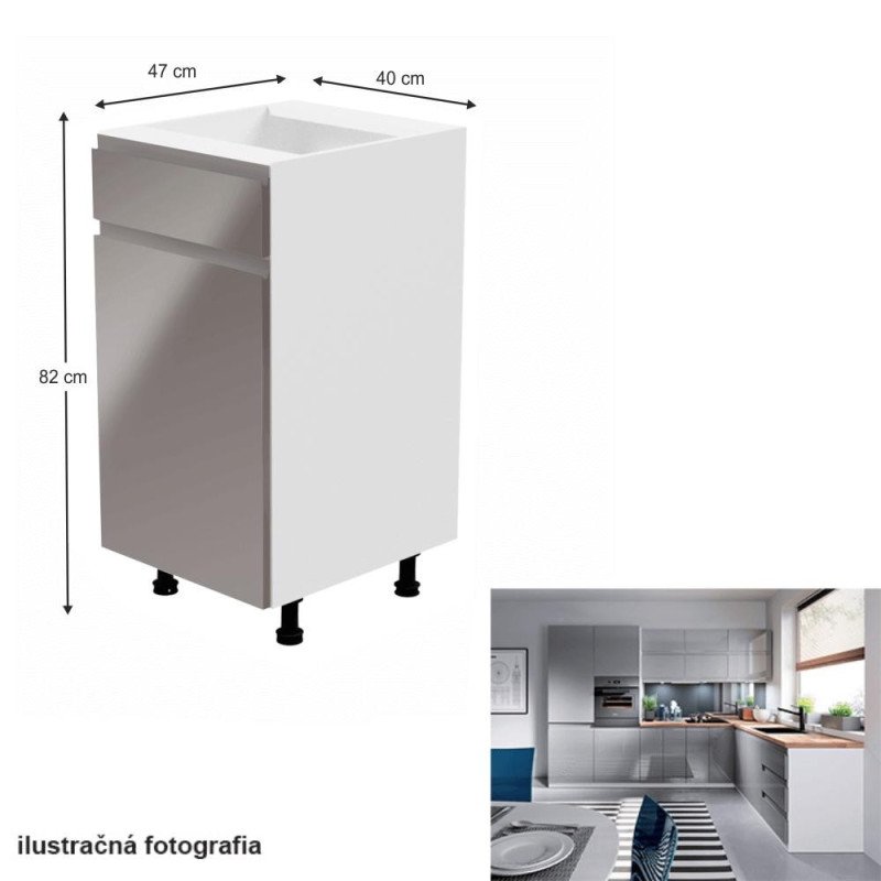 Kondela Spodná skrinka, biela/sivá extra vysoký lesk, ľavá, AURORA D40S1