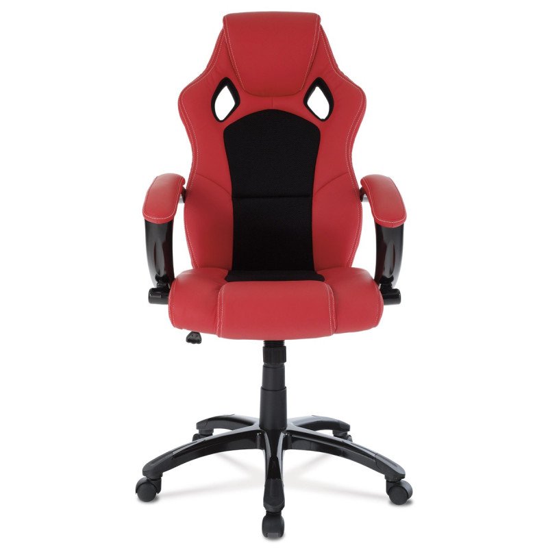 Autronic - Športové kreslo, červená ekokoža a čierna látka MESH, čierny vysoký lesk, HM - KA-Y157 RED
