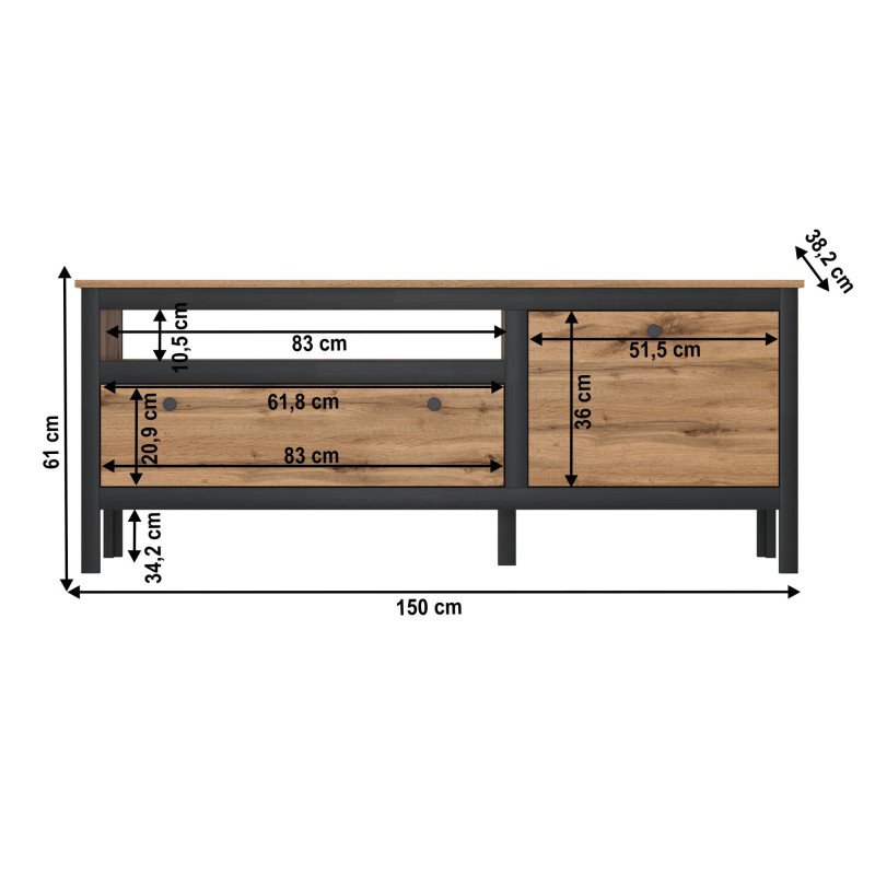TV stolík 1D1S/150, dub wotan/čierna, LOFTA