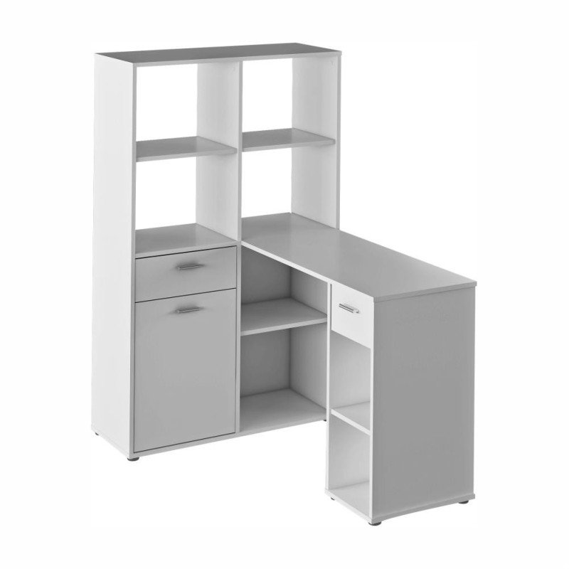 Rohový PC stôl s regálom, biela, MINESON