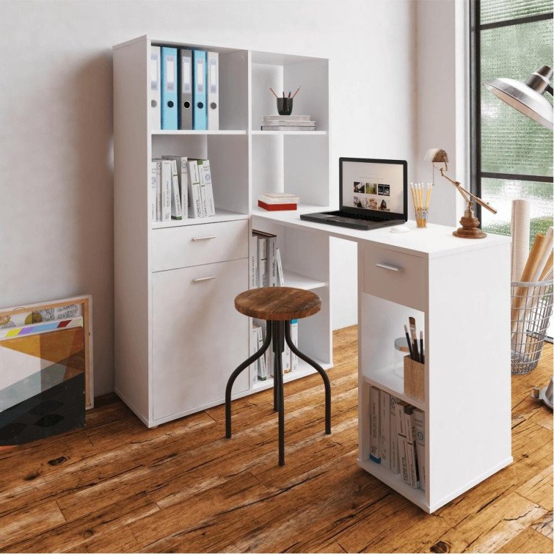 Rohový PC stôl s regálom, biela, MINESON