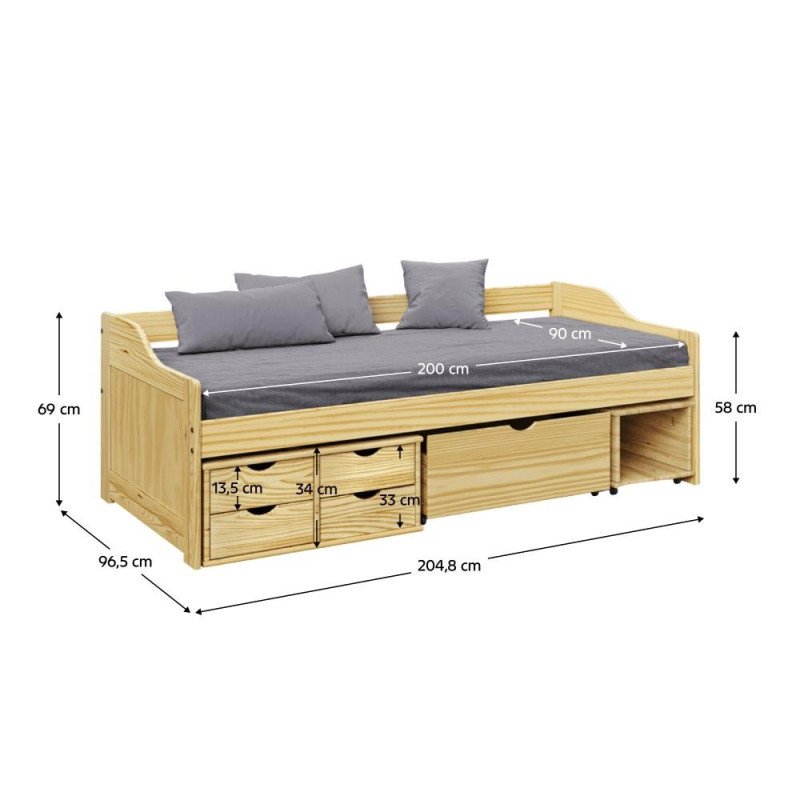 Posteľ s úložným priestorom, prírodná, masív, 90x200, MAXI NEW