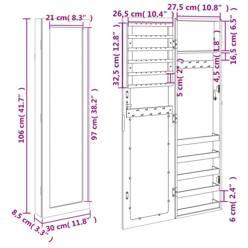 vidaXL Zrkadlová skrinka na šperky nástenná čierna 30x8,5x106 cm