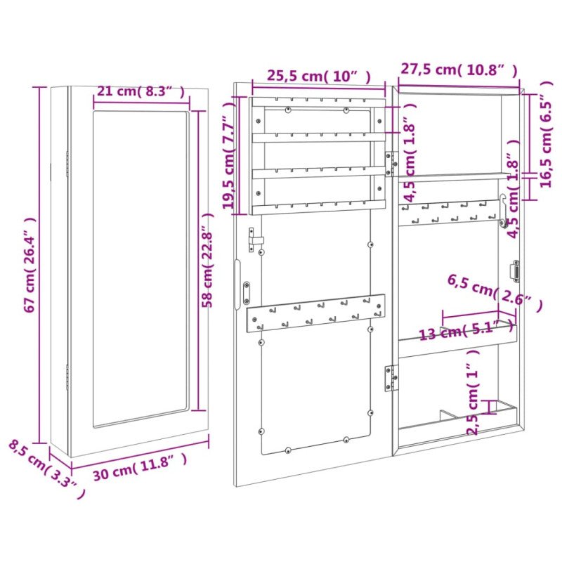 vidaXL Zrkadlová skrinka na šperky nástenná 30x8,5x67 cm