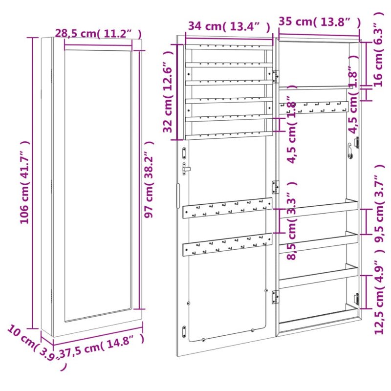 vidaXL Zrkadlová skrinka na šperky nástenná čierna 37,5x10x106 cm