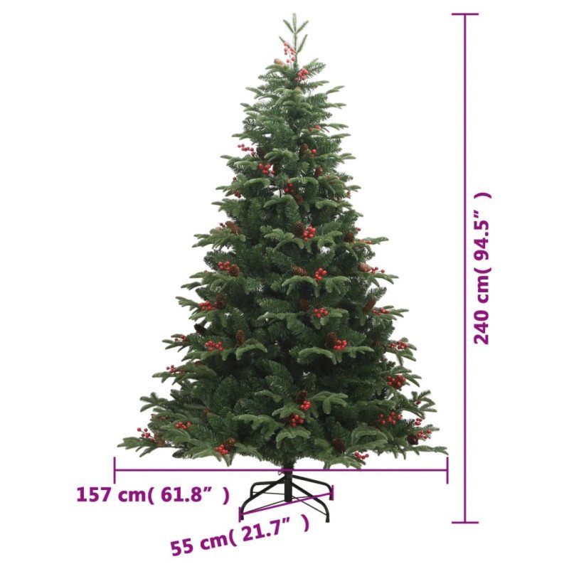 vidaXL Umelý výklopný vianočný stromček so šiškami a bobuľami 240 cm