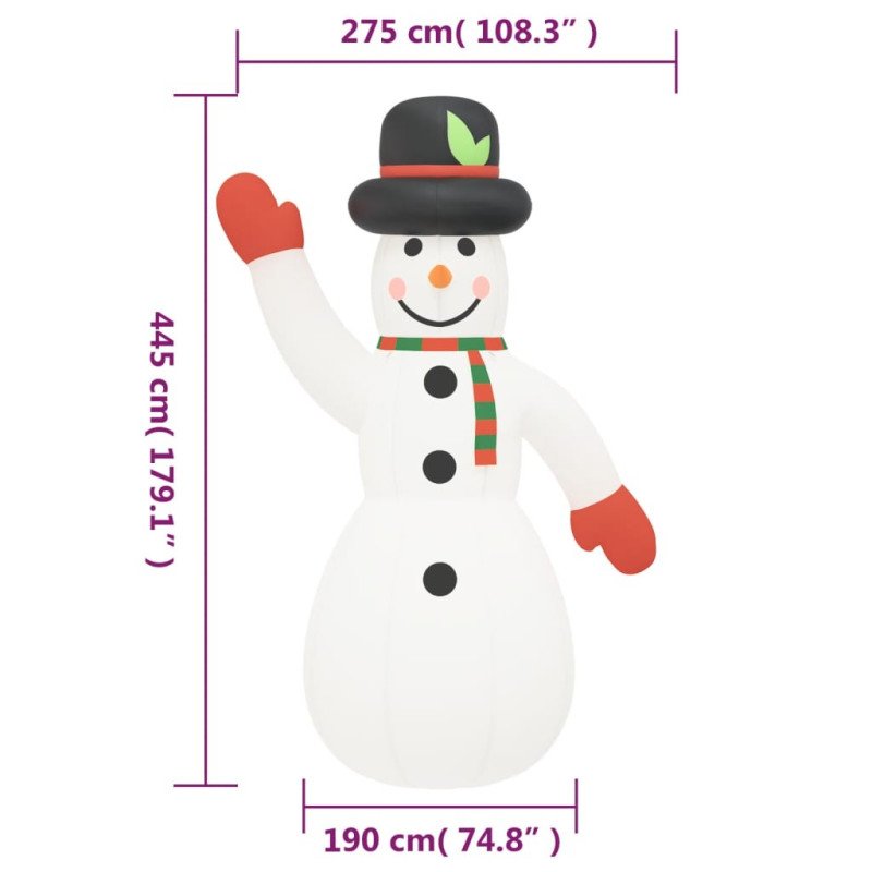 vidaXL Nafukovací vianočný snehuliak s LED 455 cm