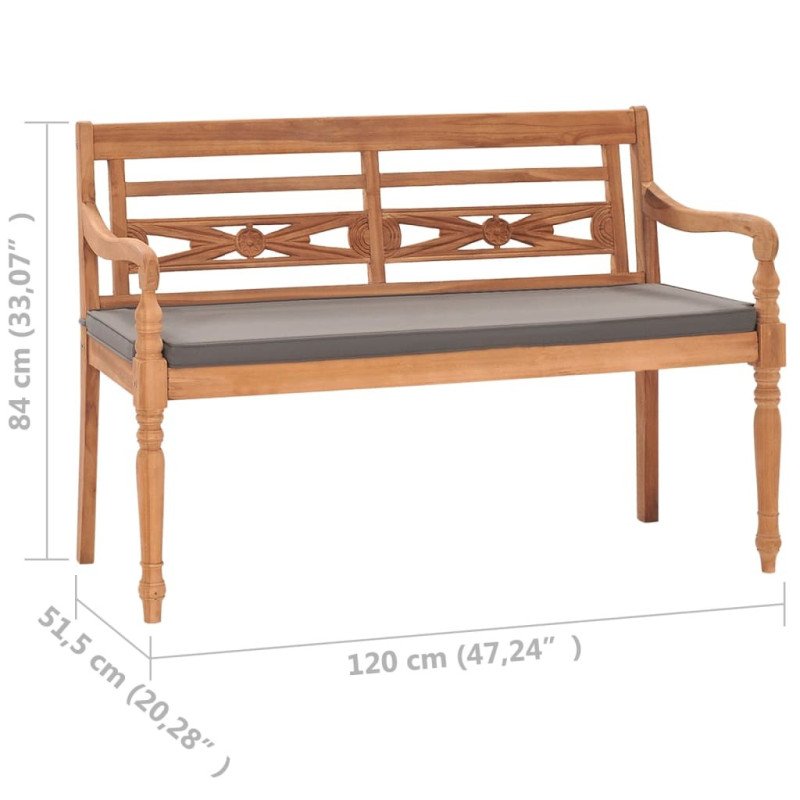 vidaXL Lavička Batavia s tmavosivou podložkou 120 cm tíkový masív