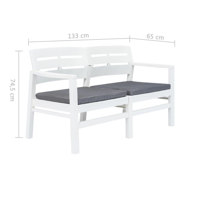 vidaXL 2-miestna záhradná lavička s vankúšmi biela 133 cm plastová