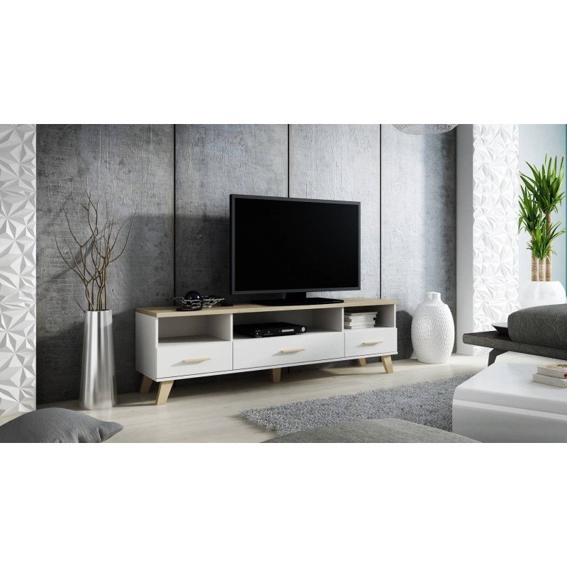 Televízny stolík LOTTA 3S3K 180 - biela brylantowa matna/dub sonoma mat