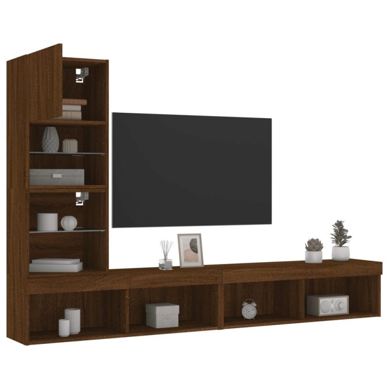 vidaXL 4-dielne TV nástenné skrinky s LED hnedý dub kompozitné drevo