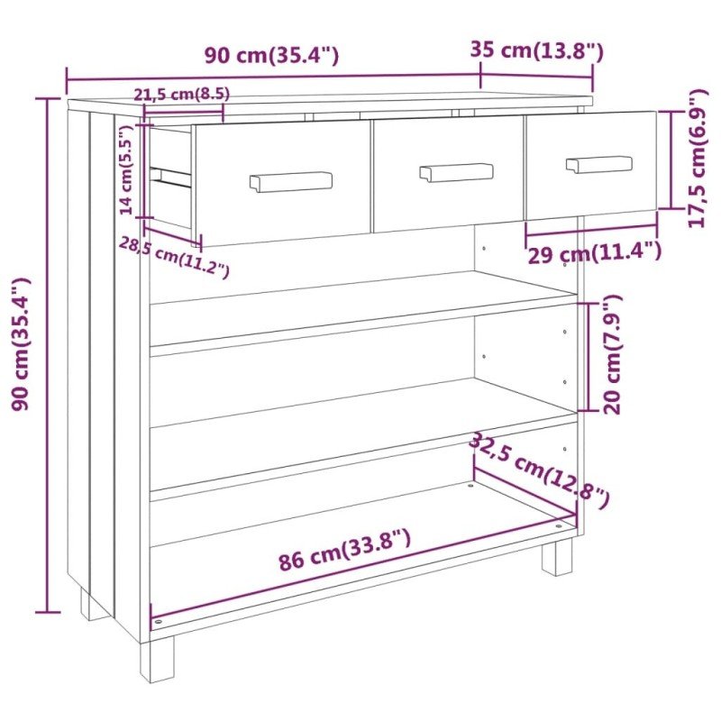 vidaXL Konzolový stolík HAMAR, biely 90x35x90 cm, borovica