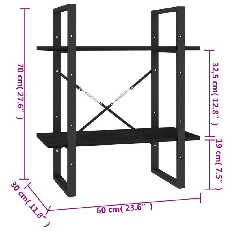 vidaXL Knižnica s 2 policami čierna 60x30x70 cm masívna borovica 