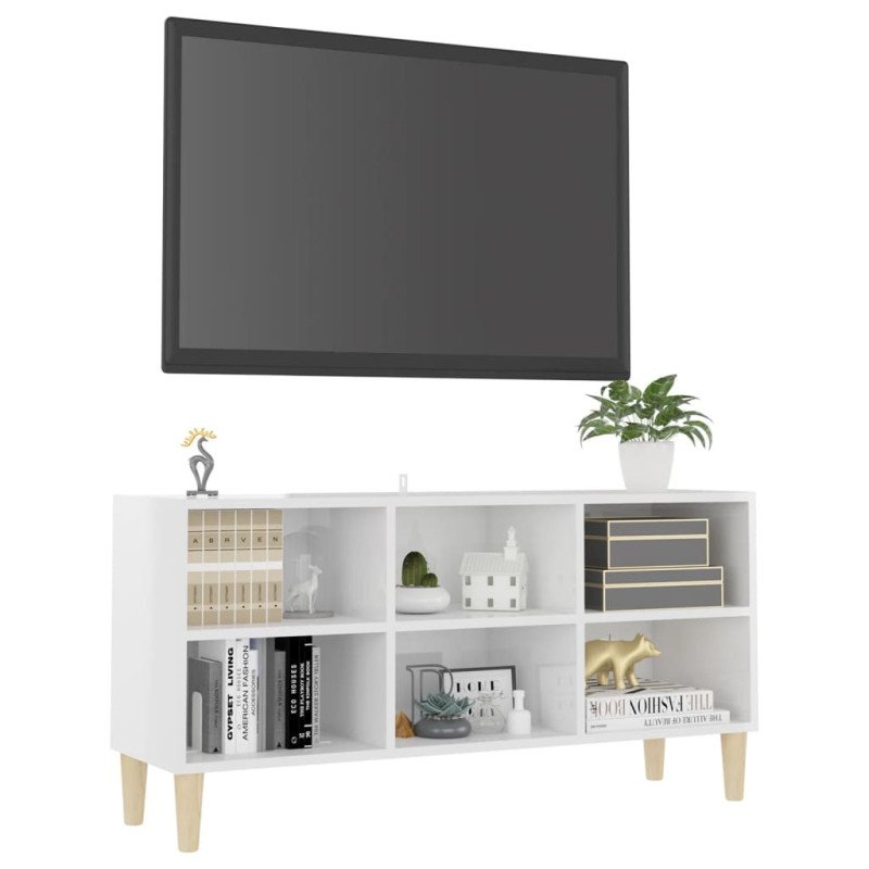 vidaXL TV stolík nohy z masívneho dreva lesklý biely 103,5x30x50 cm