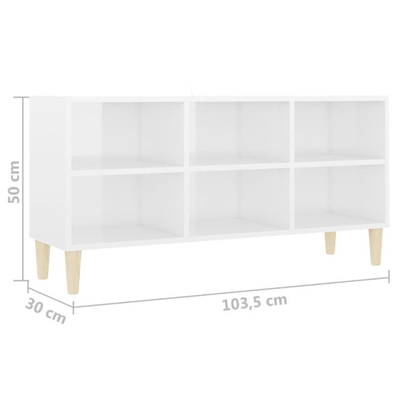 vidaXL TV stolík nohy z masívneho dreva lesklý biely 103,5x30x50 cm