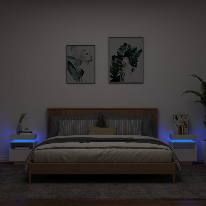 vidaXL Nočné stolíky s LED svetlami 2 ks biele 40x39x48,5 cm