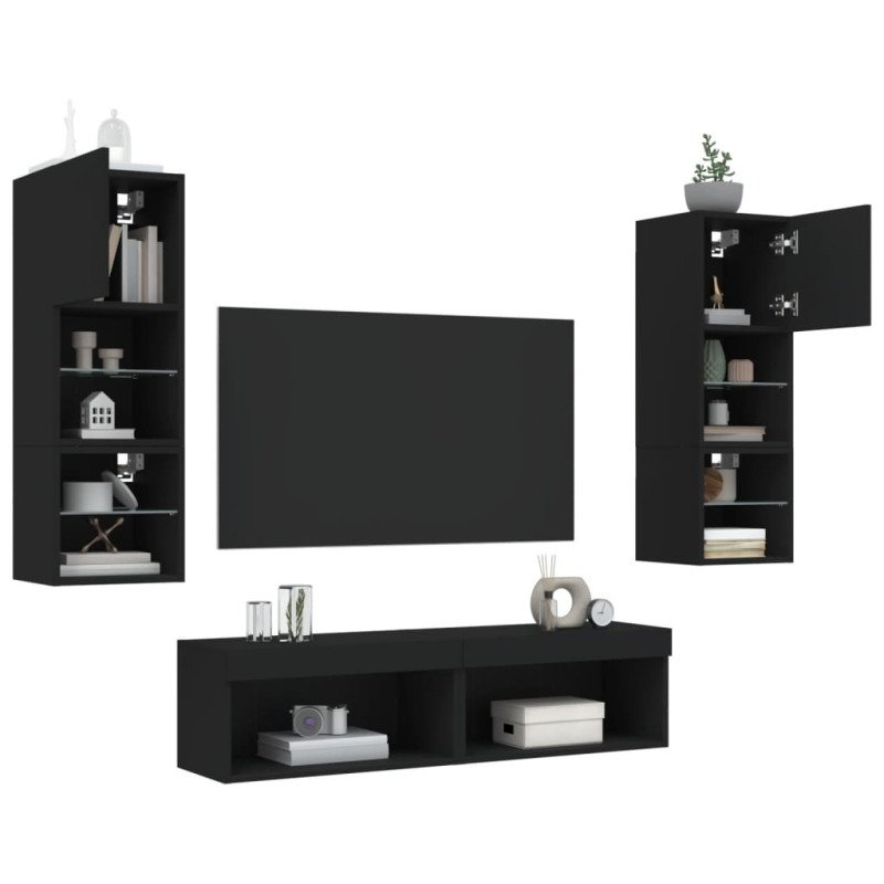 vidaXL 6-dielne TV nástenné skrinky s LED čierne kompozitné drevo