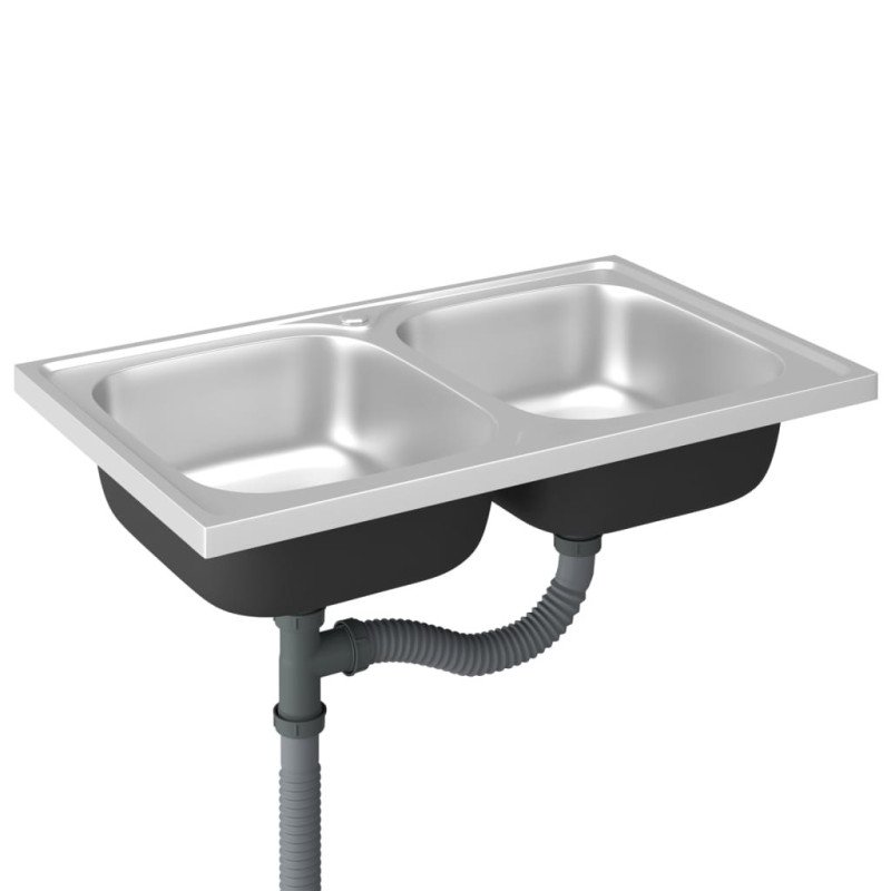 vidaXL Kuchynský drez, 2 vaničky, strieborný 800x500x155 mm, oceľ