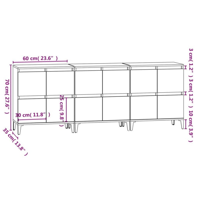 vidaXL Komody 3 ks dub sonoma 60x35x70 cm kompozitné drevo