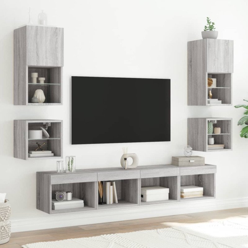 vidaXL 8-dielne TV nástenné skrinky s LED sivé sonoma kompozitné drevo