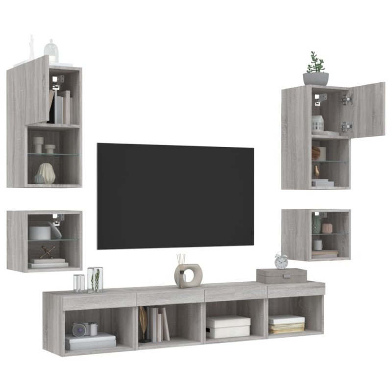 vidaXL 8-dielne TV nástenné skrinky s LED sivé sonoma kompozitné drevo