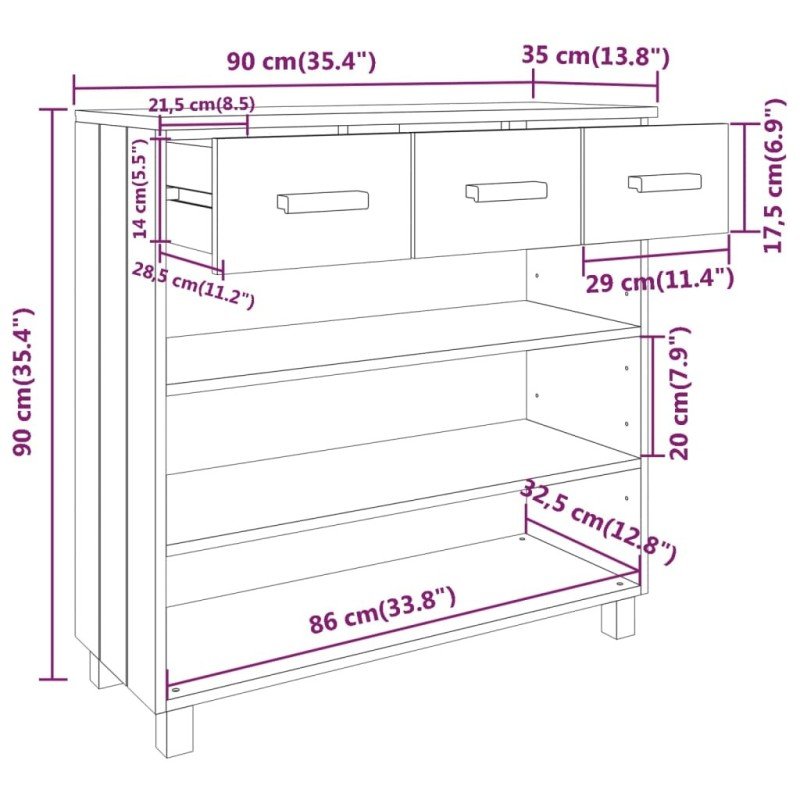 vidaXL Konzolový stolík HAMAR, tmavosivý 90x35x90 cm, borovica