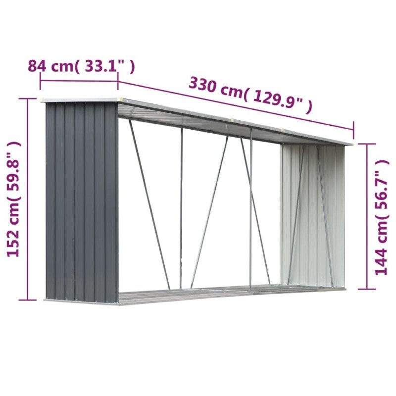 vidaXL Záhradná kôlňa na drevo galvanizovaná oceľ 330x84x152 cm sivá 