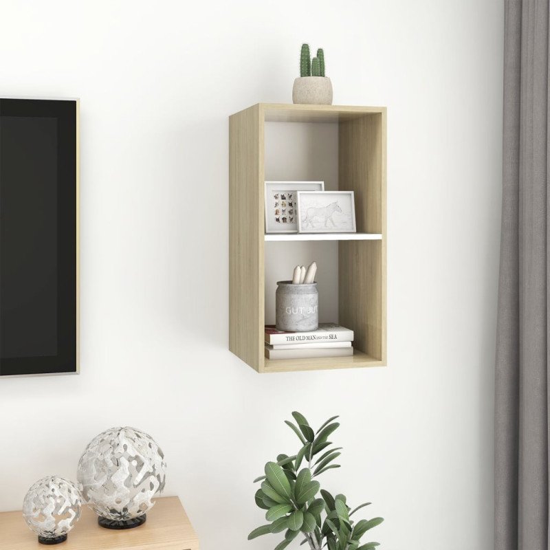 vidaXL Nástenná TV skrinka, biela+sonoma 37x37x72 cm, kompozitné drevo