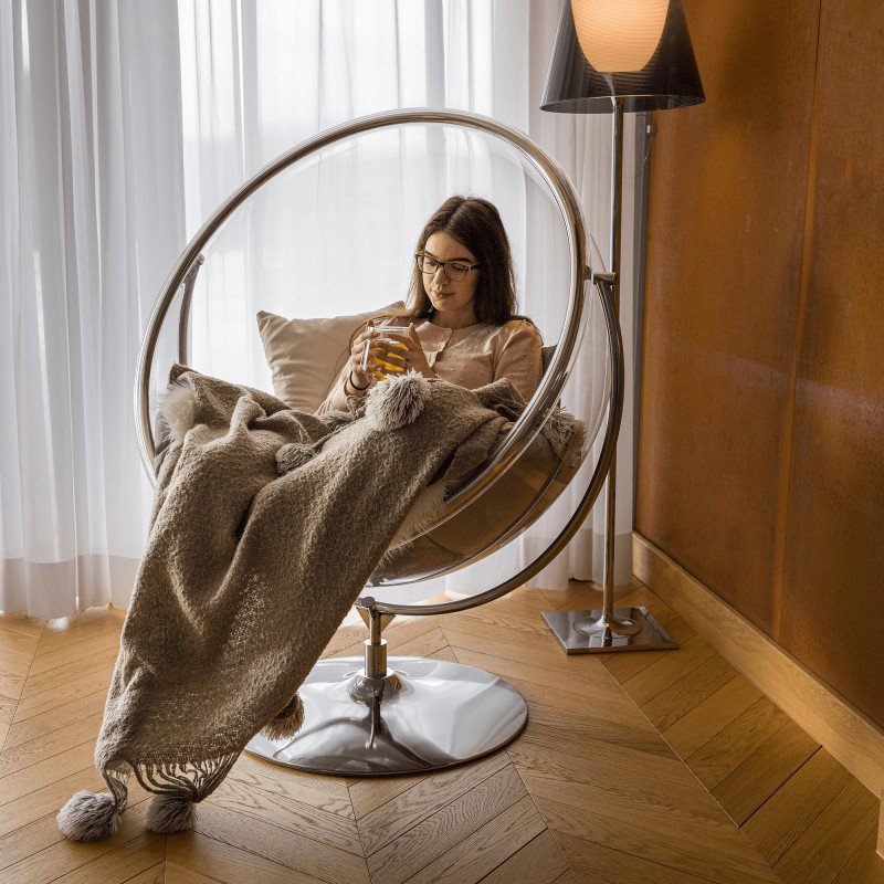 Kondela Závesné kreslo so stojanom, transparentná/strieborná/sivá, BUBBLE NEW TYP 2