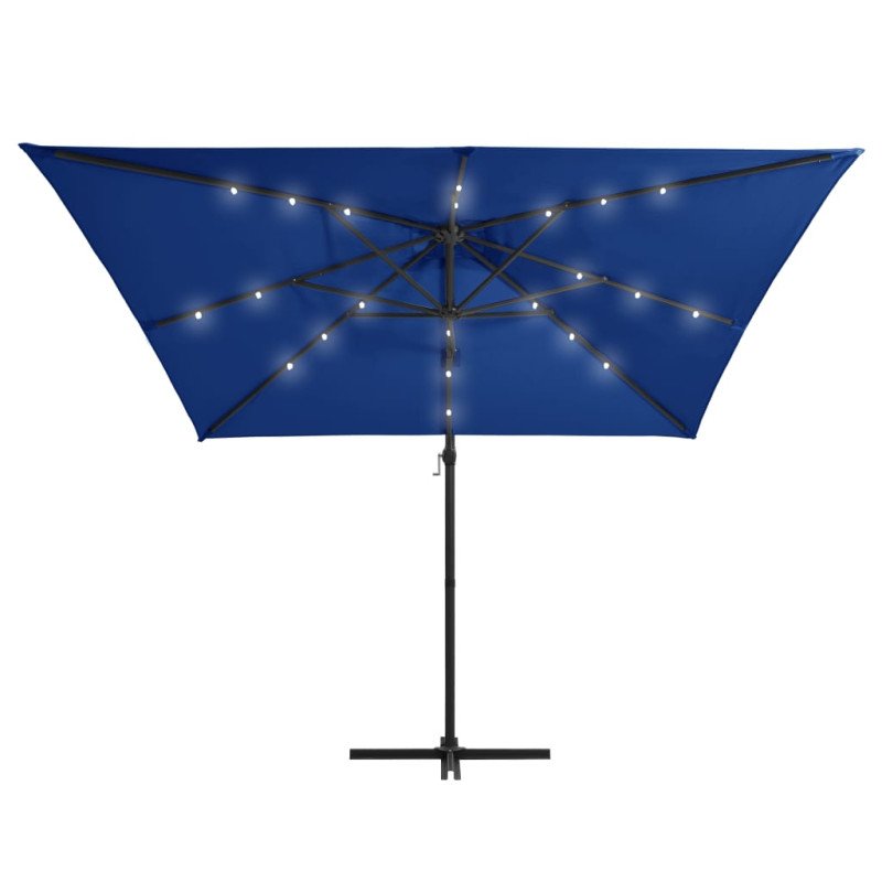 vidaXL Závesný slnečník s LED a oceľovou tyčou 250x250 cm, azúrový