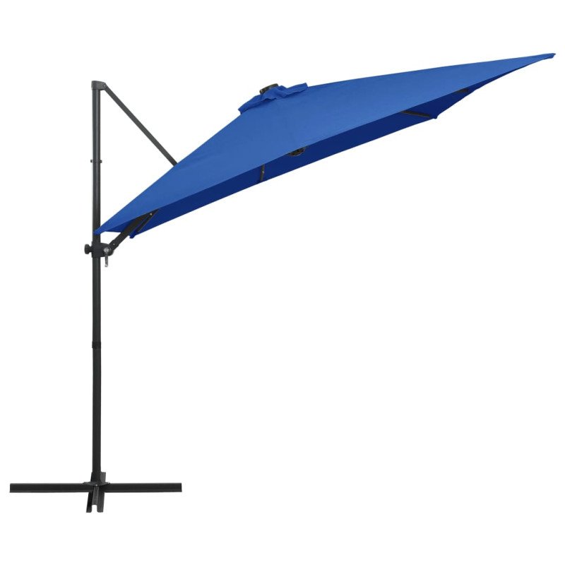 vidaXL Závesný slnečník s LED a oceľovou tyčou 250x250 cm, azúrový