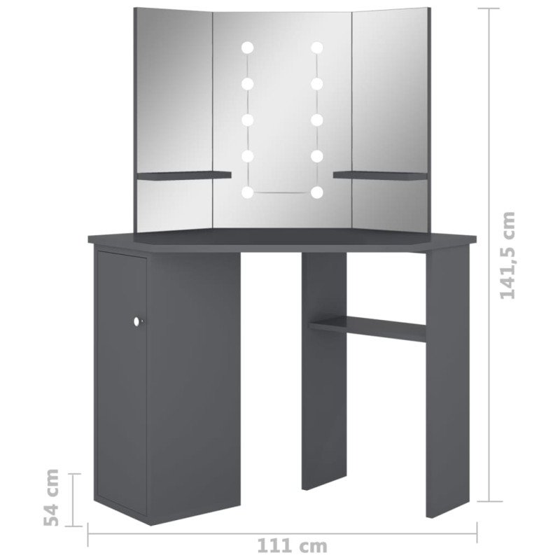 vidaXL Rohový toaletný stolík s LED sivý 111x54x141,5 cm