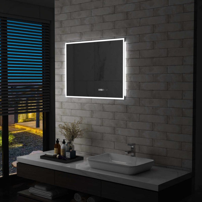 vidaXL Kúpeľňové LED zrkadlo, dotykový snímač+zobrazenie času 80x60 cm