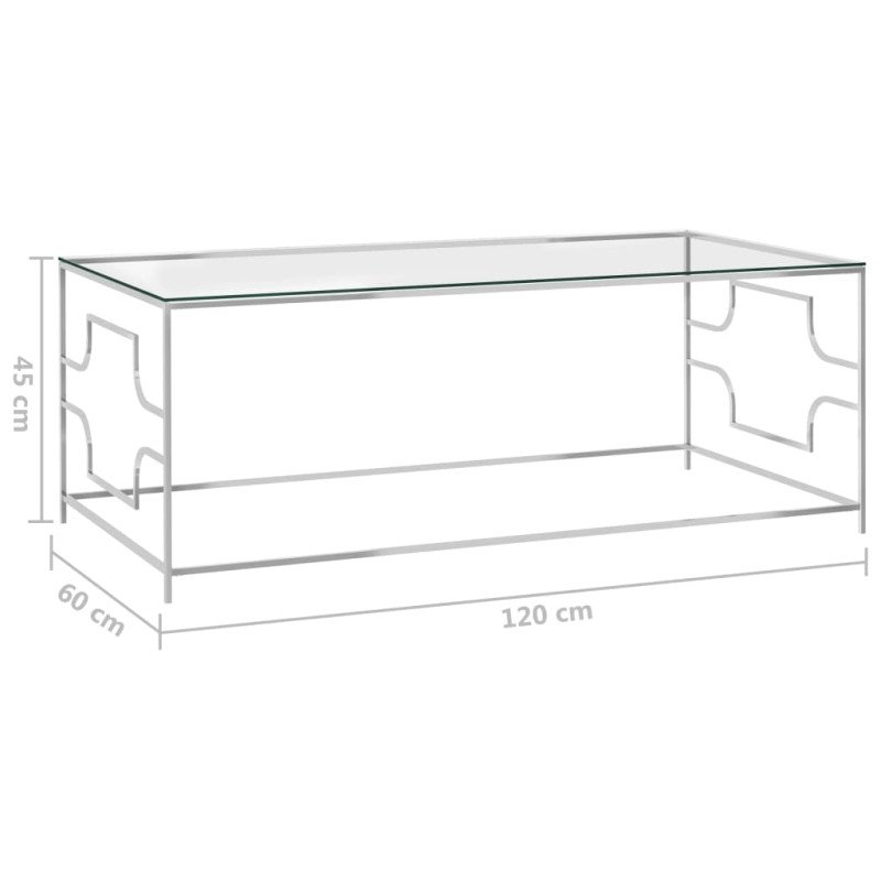 vidaXL Konferenčný stolík strieborný 120x60x45 cm nehrdzavejúca oceľ a sklo