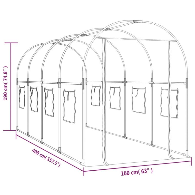 vidaXL Skleník priehľadný 160x400x190 cm PVC a práškovaná oceľ
