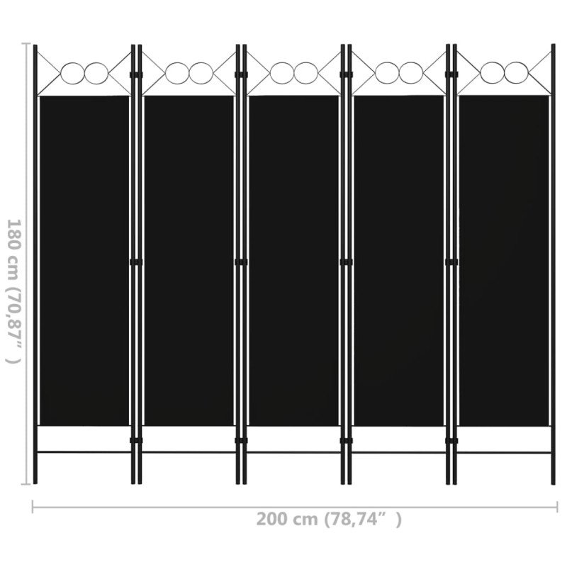 vidaXL Paraván s 5 panelmi, čierny 200x180 cm 
