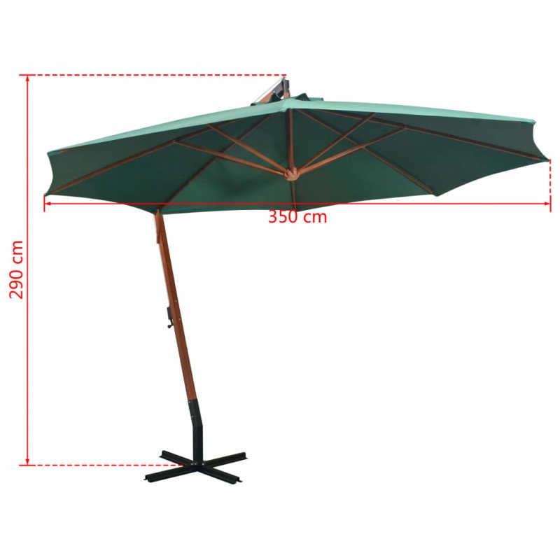vidaXL Zelený visiaci slnečník 350 cm, drevená tyč