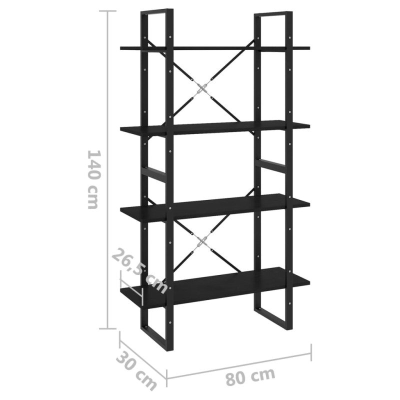 vidaXL Knižnica so 4 policami čierna 80x30x140 cm masívna borovica 