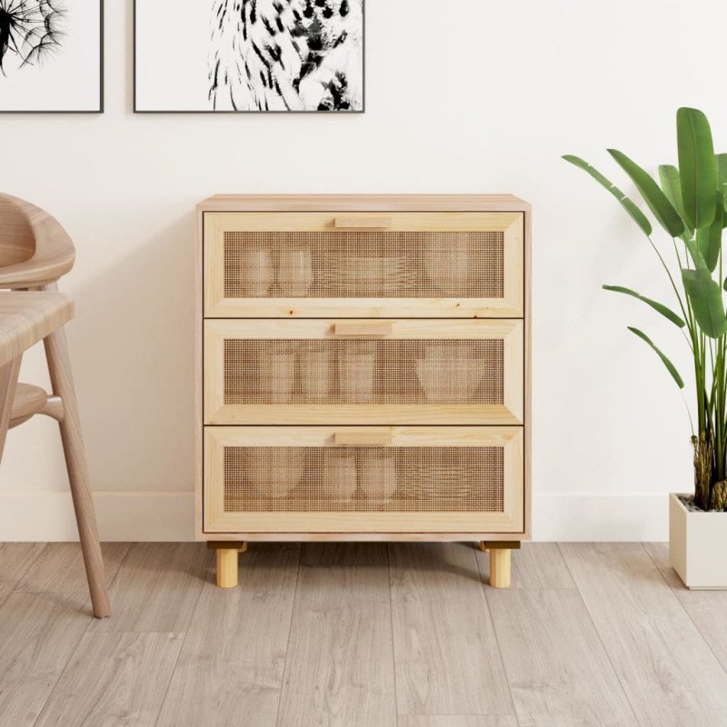 vidaXL Komoda hnedá 60x30x70 cm masívna borovica a prírodný ratan