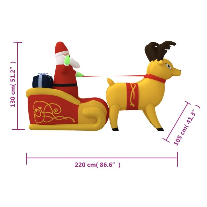 vidaXL Nafukovacia vianočná dekorácia Santa so sobmi s LED 130 cm