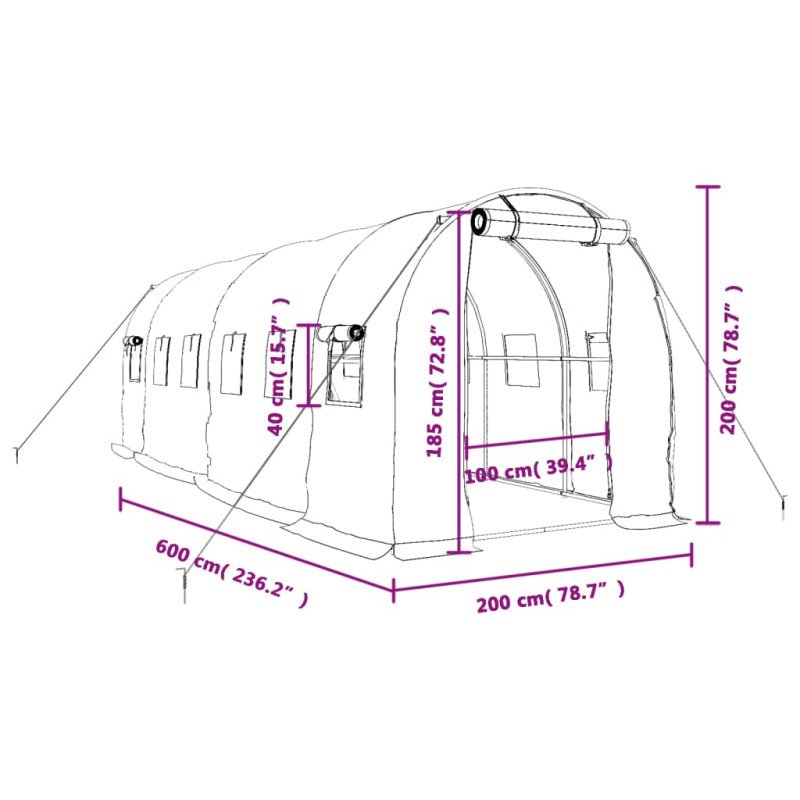 vidaXL Fóliovník s oceľovým rámom zelený 12 m² 6x2x2 m