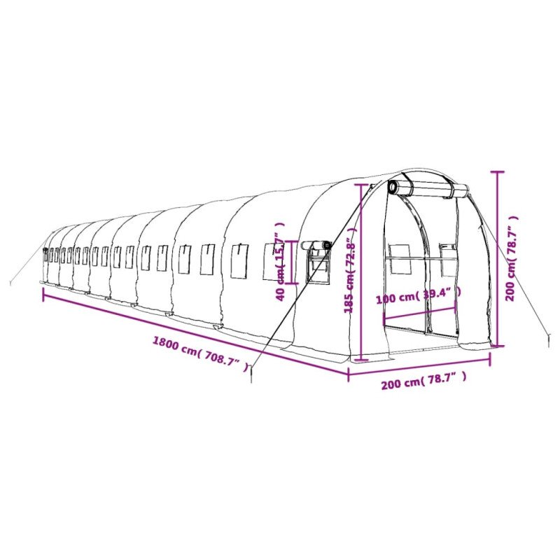 vidaXL Fóliovník s oceľovým rámom zelený 36 m² 18x2x2 m