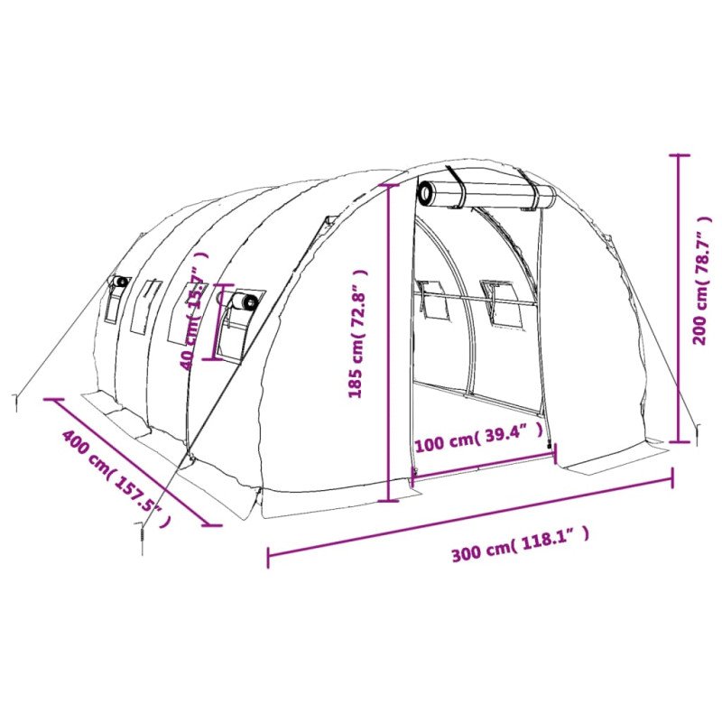 vidaXL Fóliovník s oceľovým rámom zelený 12 m² 4x3x2 m