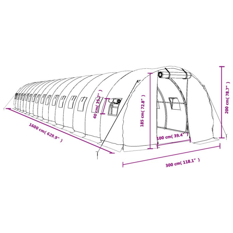 vidaXL Fóliovník s oceľovým rámom zelený 48 m² 16x3x2 m