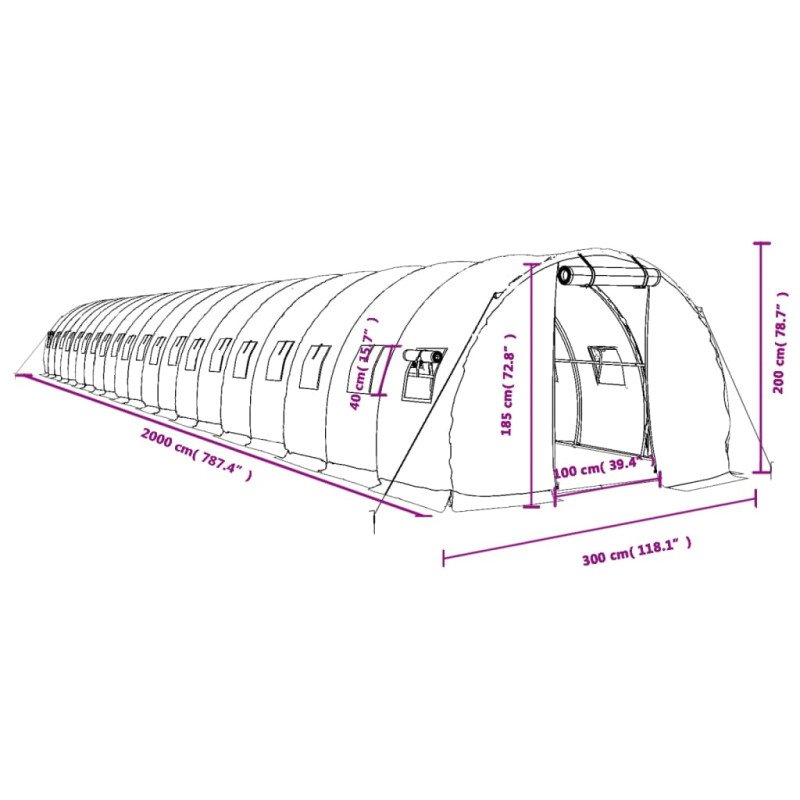 vidaXL Fóliovník s oceľovým rámom biely 60 m² 20x3x2 m