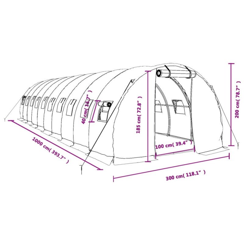 vidaXL Fóliovník s oceľovým rámom biely 30 m² 10x3x2 m